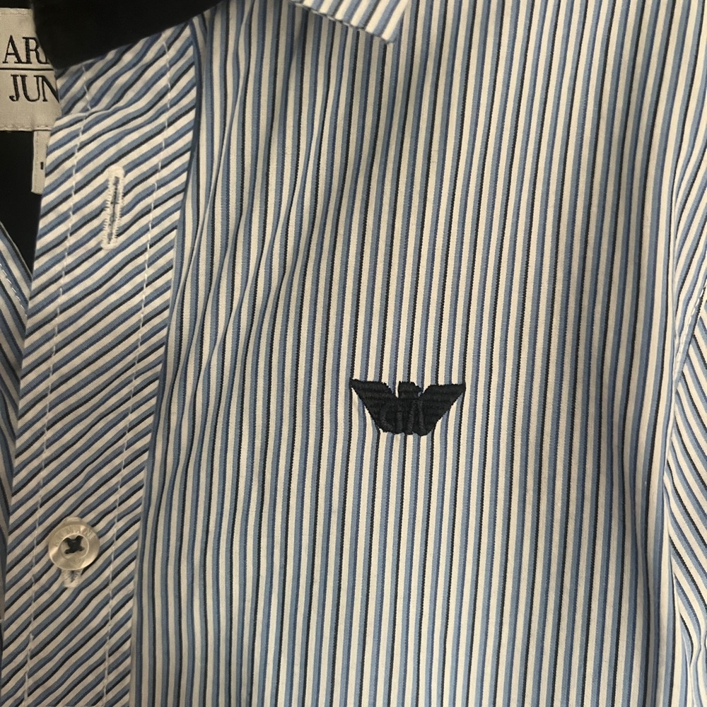 Boys dress shirt, navy blue stripes, size 6.